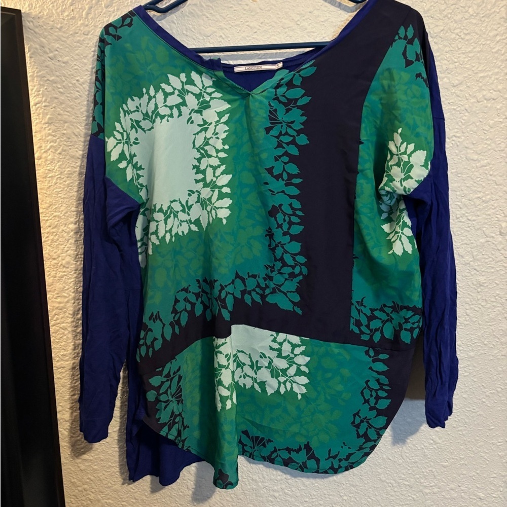 Language Women’s Size Medium Blue and Green Patterned Blouse